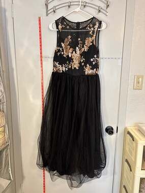 Gold Floral Sequin Bodice Black Tulle Mesh Midi Dress Size Large